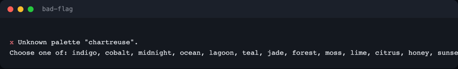 Terminal showing a refusal for an unknown palette: 'Unknown palette chartreuse.' followed by the full list of valid palette names.