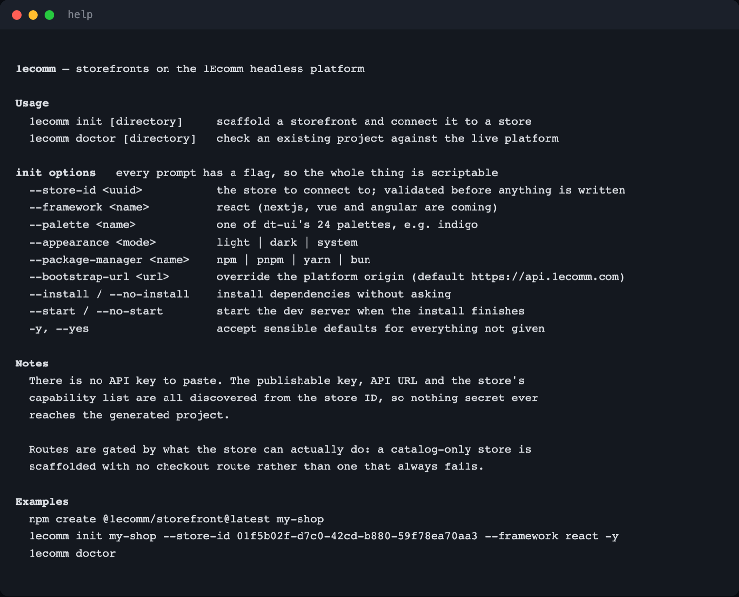 Terminal showing 1ecomm --help: usage for init and doctor, the full list of init options, a Notes section explaining that there is no API key to paste and that routes are gated by capabilities, and three examples.