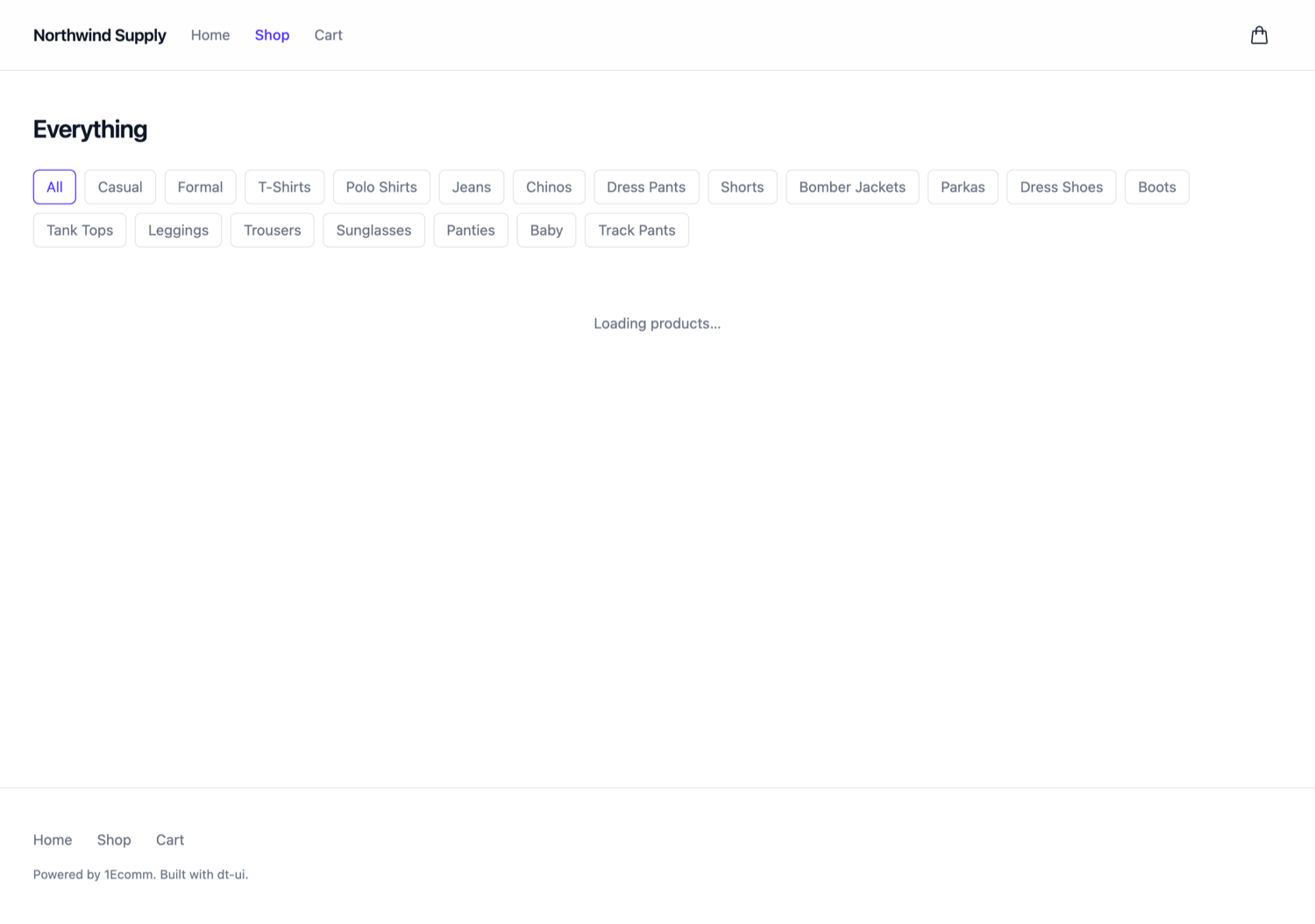 The category listing page showing filter pills for All, Casual, Formal, T-Shirts and Polo Shirts above a grid of product cards.