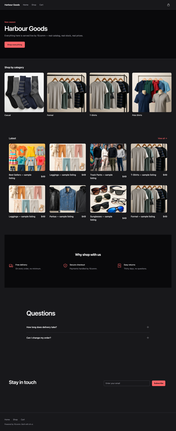 The same storefront structure generated as a Vue project in the ember palette and dark appearance: dark ground, red accent, identical sections with the same live catalog.