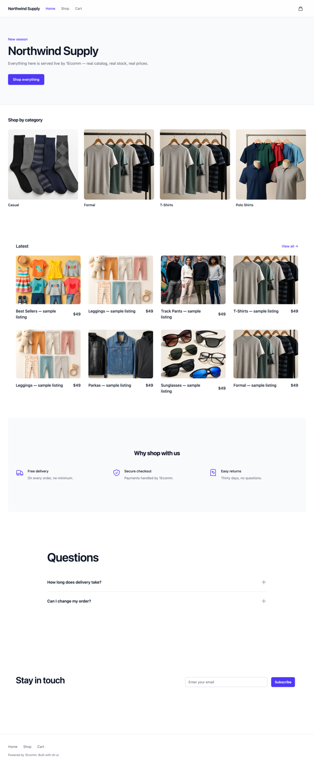 A generated storefront home page in the indigo palette: header with navigation and a cart icon, a hero reading Northwind Supply with a Shop everything button, a Shop by category grid of four photographic tiles, a Latest product grid of eight real products at $49 each, a Why shop with us incentives row, a Questions accordion and a newsletter sign-up.