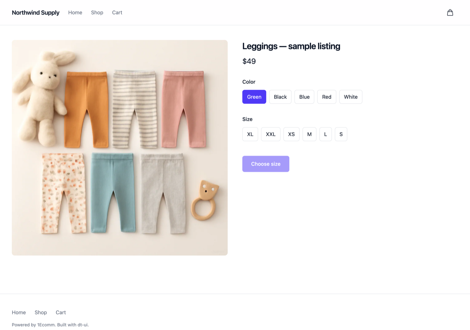 A product page for Leggings at $49 with a Color row where Green is selected and a Size row where nothing is selected. The primary button is disabled and reads 'Choose size'.