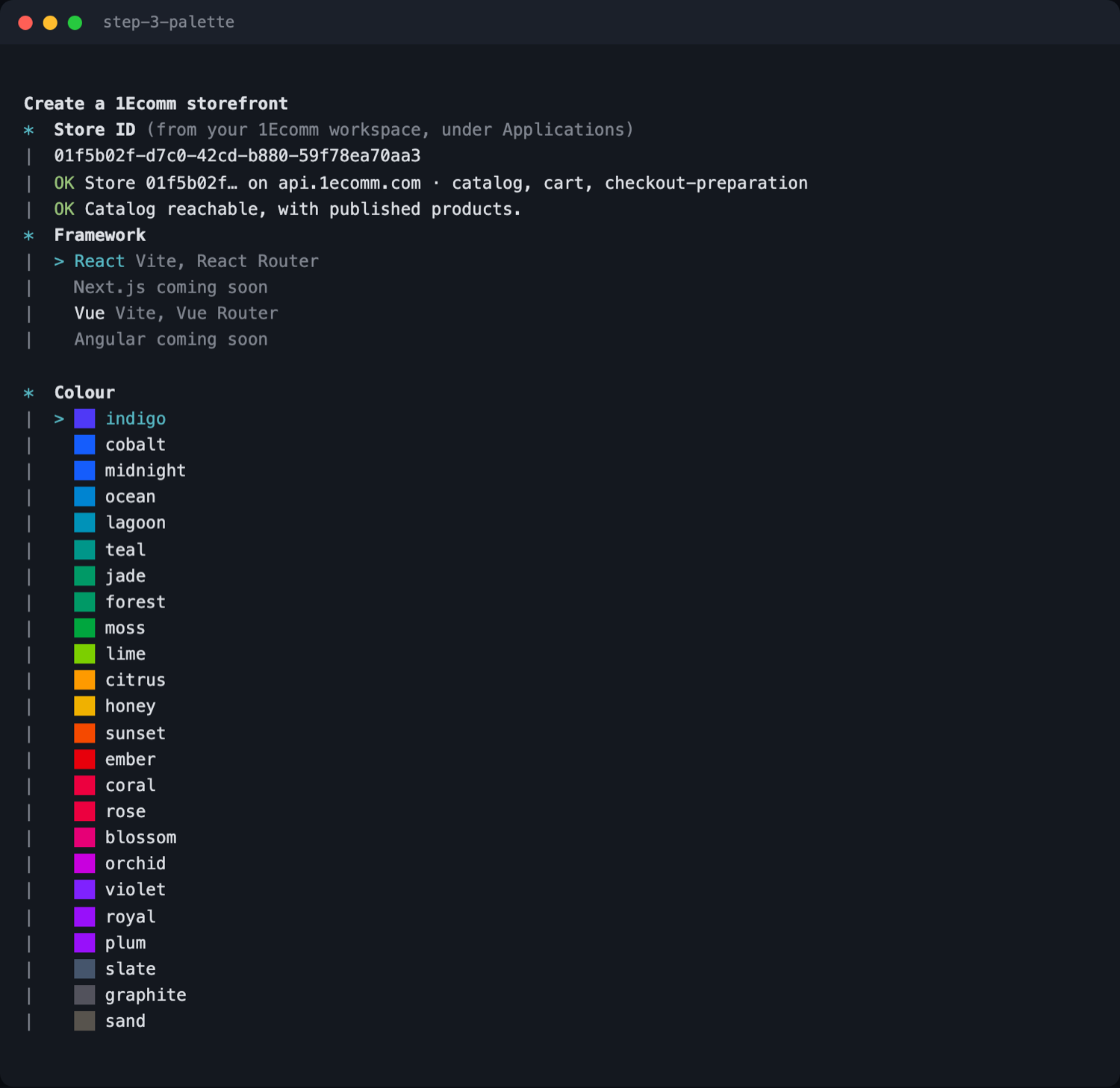 Terminal showing the Colour prompt with all 24 dt-ui palette names listed vertically — indigo, cobalt, midnight, ocean, lagoon, teal, jade, forest, moss, lime, citrus, honey, sunset, ember, coral, rose, blossom, orchid, violet, royal, plum, slate, graphite, sand.